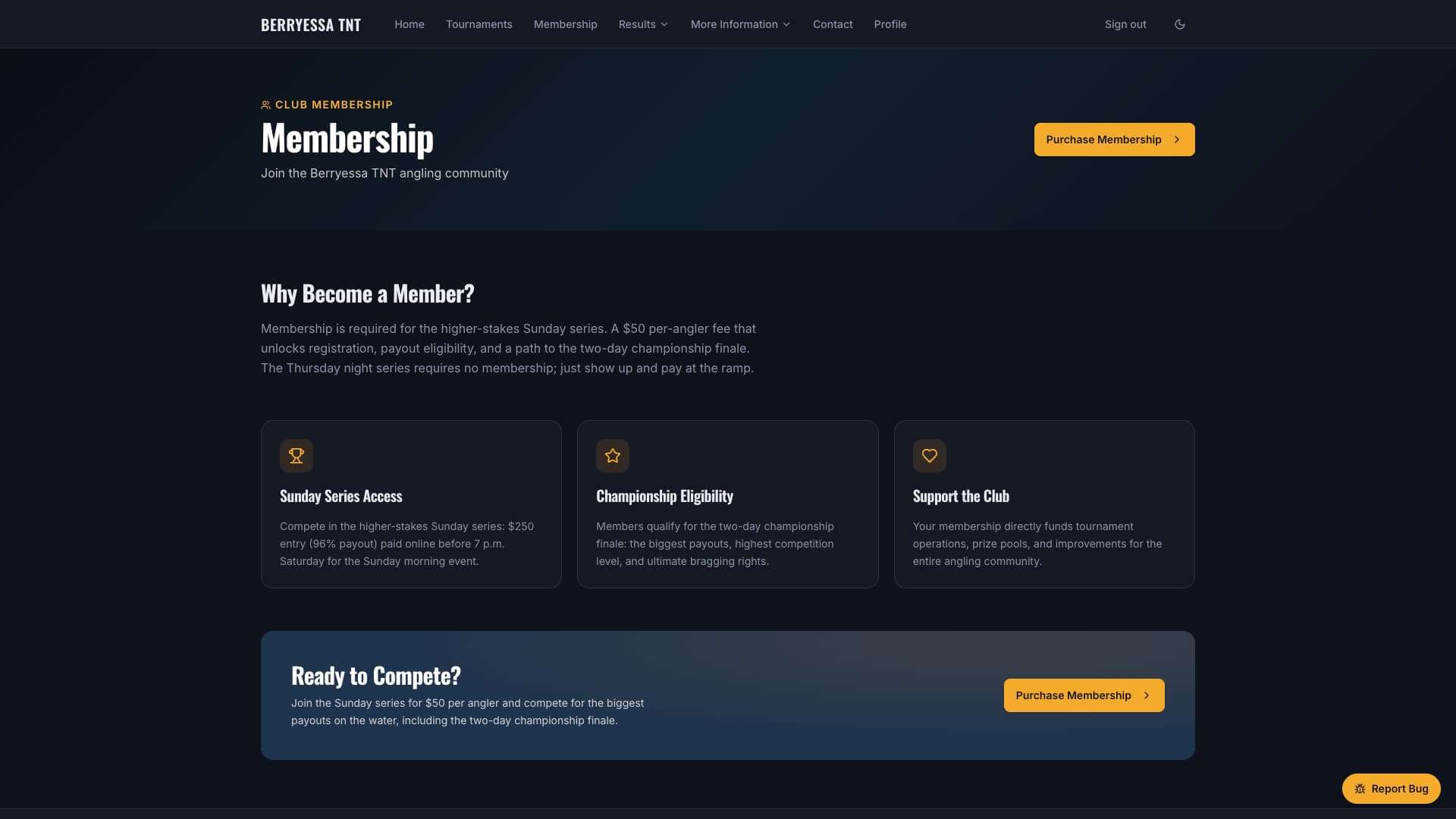 Membership page explaining what a membership unlocks, with a purchase button