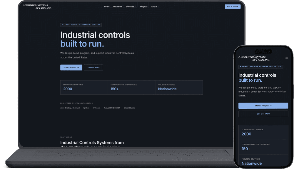 Automated Controls of Tampa home page shown on a laptop and a phone