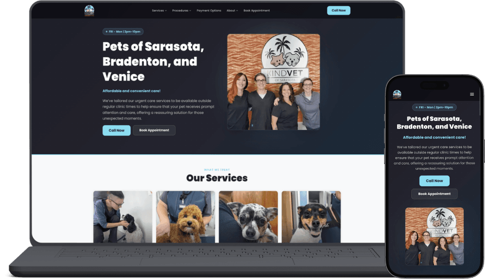 KindVet Sarasota home page shown on a laptop and a phone