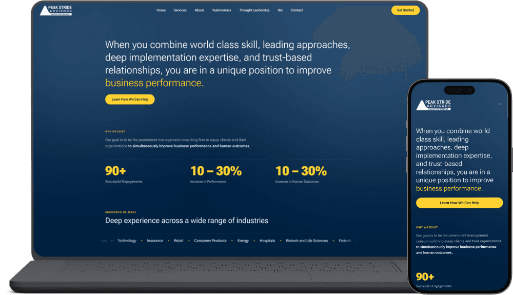 Peak Stride Advisors home page shown on a laptop and a phone