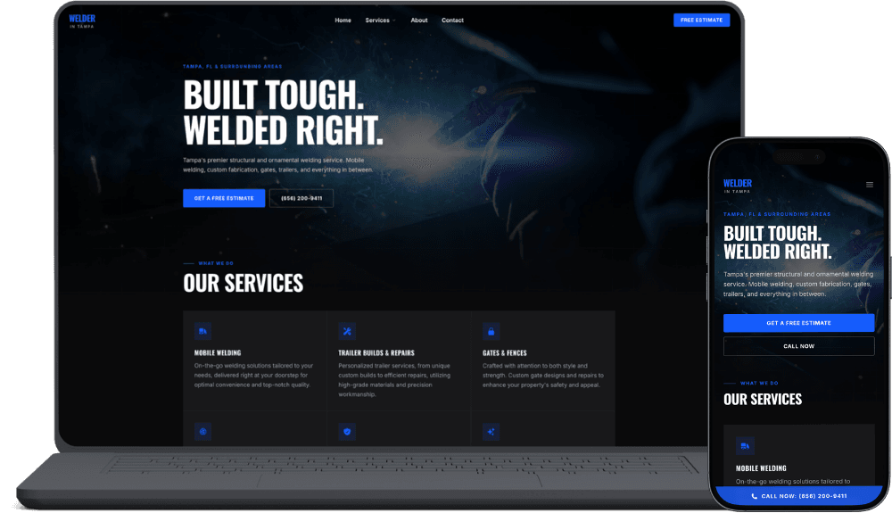Tampa Welding home page shown on a laptop and a phone